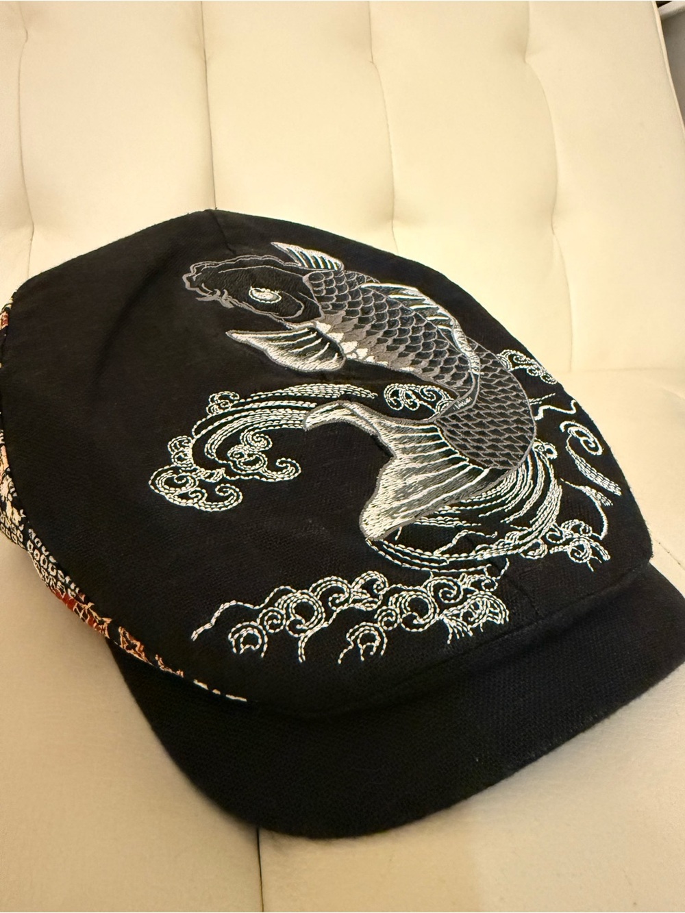 Ripple Japanese Black Embroidered Koi Fish Flat Cap - NWT